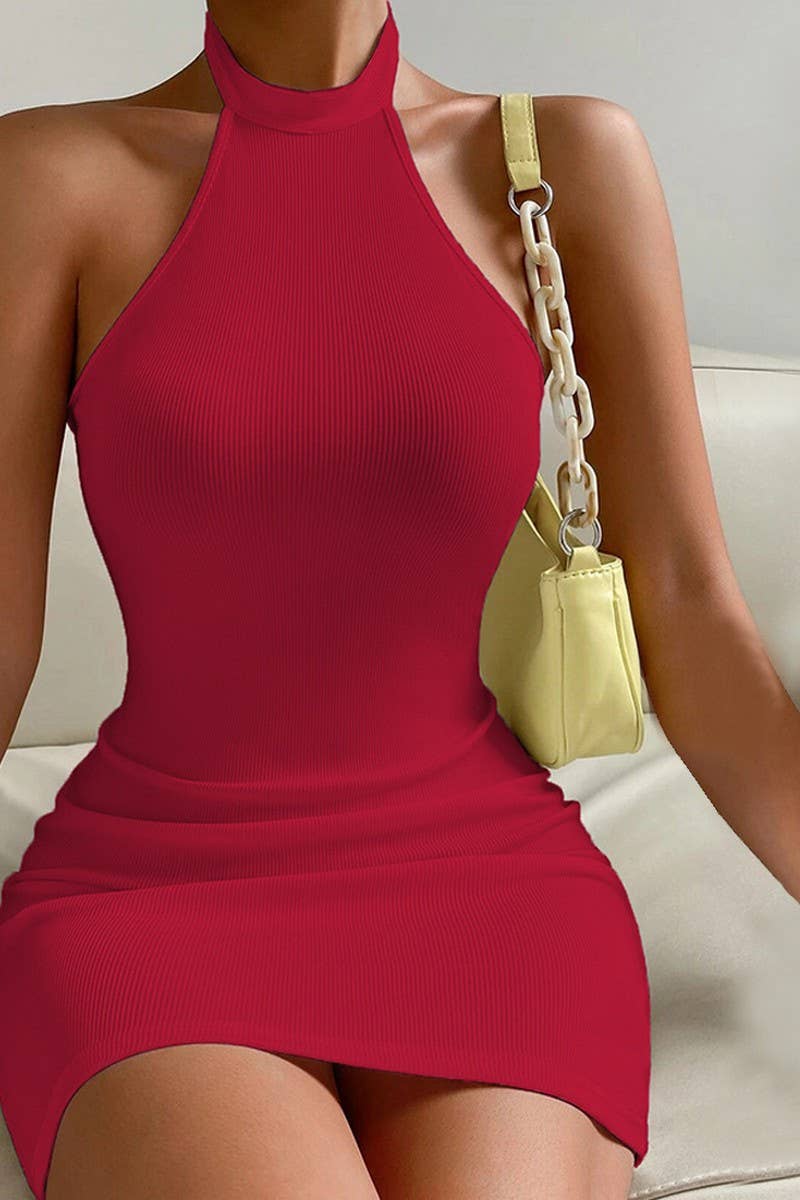 CWDHL1021_BACKLESS HALTER NECK SLEEVELESS BODYCON DRESS
