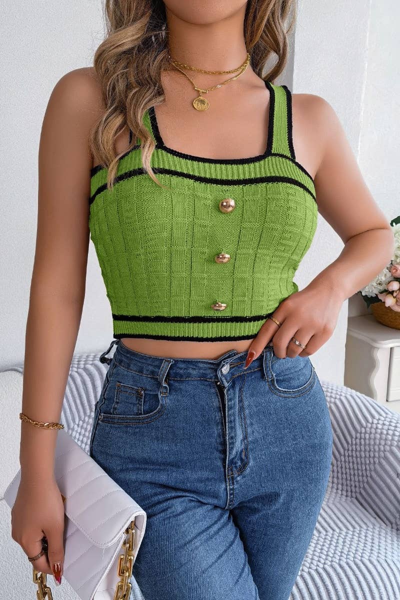 CWOV0304_SUMMER KNIT BUTTON-UP SLEEVELESS CROP TANK TOP
