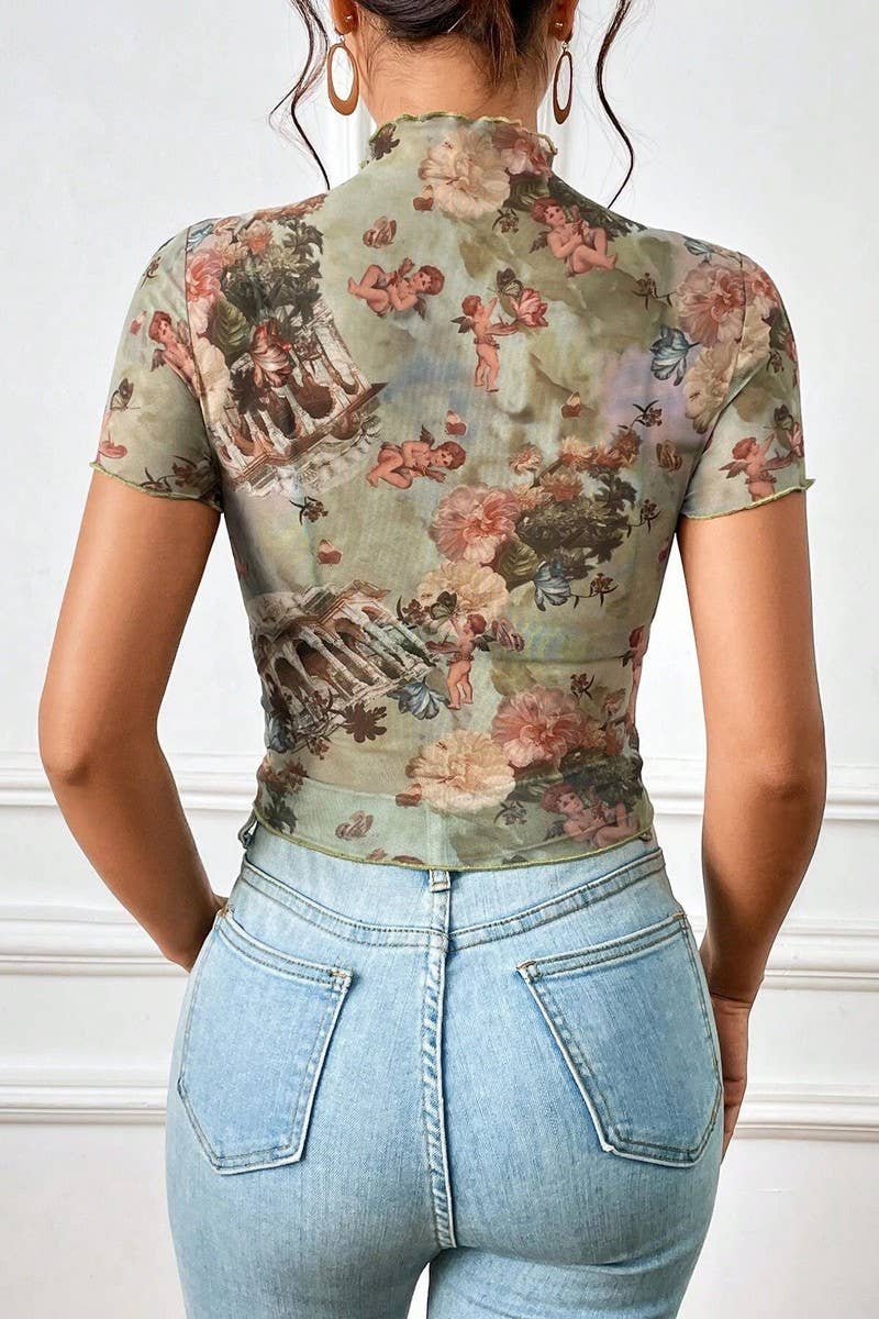 CWTBLS1534_MESH PRINTED RUFFLED SHORT SLEEVE T-SHIRT TOP