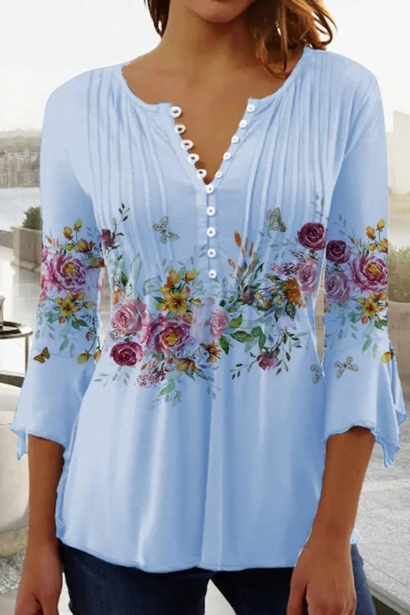 CWTTS1452_SPRING AND SUMMER V-NECK FLORAL BOTTOMING SHIRT