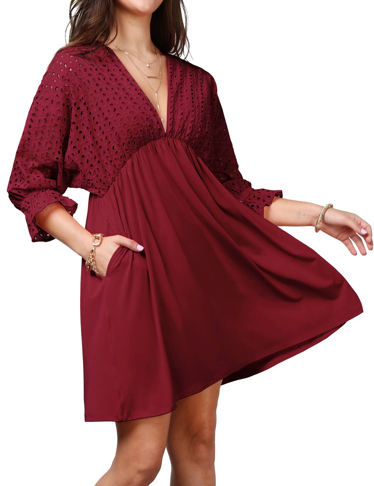 CWDSD10370_COTTON EYELET CONT BODICE WITH 3/4 SLEEVE DRESS