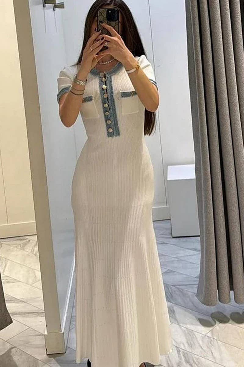 CWDMD4141_DENIM PATCHWORK KNITTED SHORT-SLEEVED DRESS