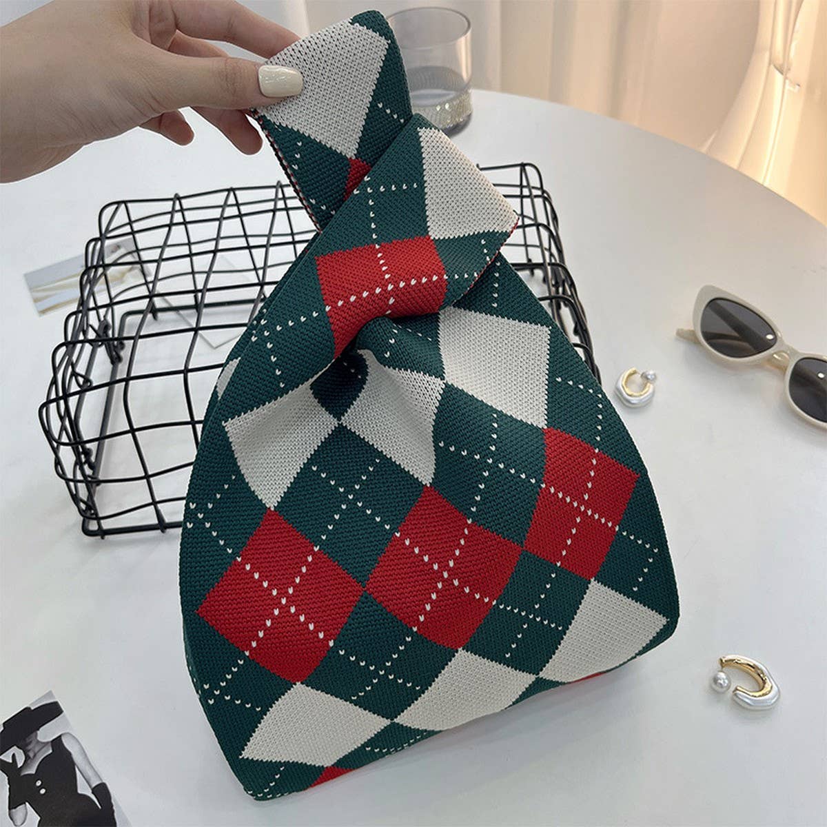CUAB00622_CHECKERED KNIT SHOULDER BAG WOMEN WOVEN PURSE