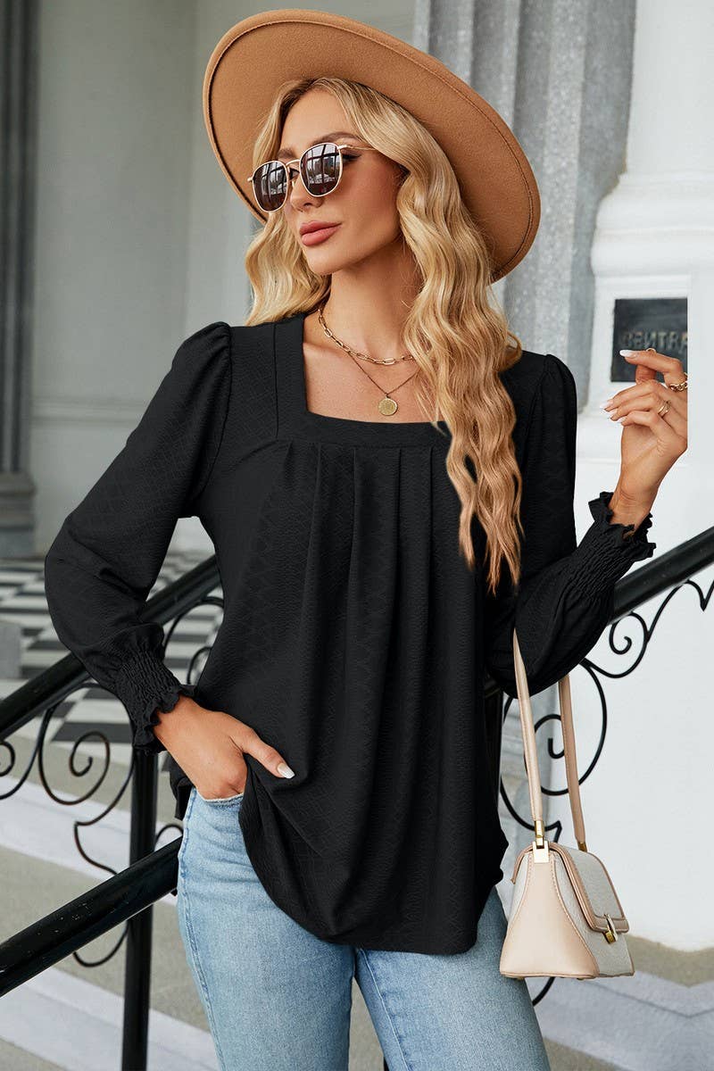 CWTBLL0194_WOMEN SQAURE NECK SHIRRED CUFF LONG SLEEVE BLOUSE
