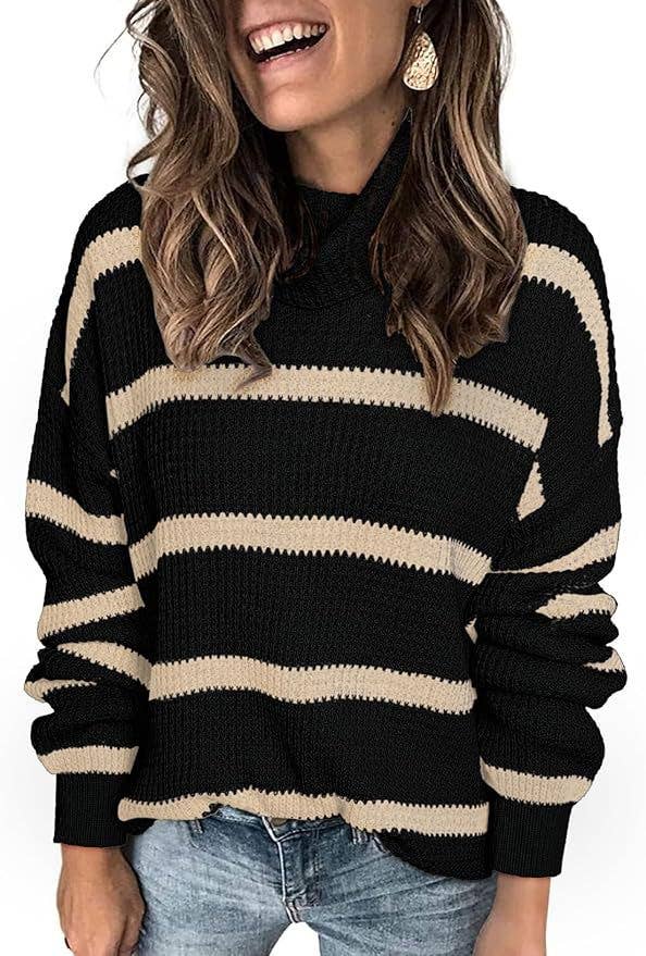 CASUAL TURTLENECK KNIT STRIPED PULLOVER SWEATER