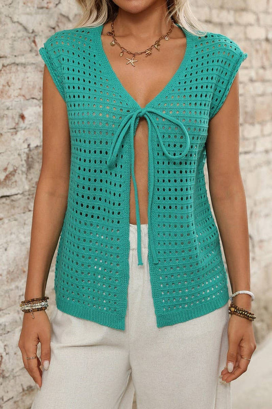 CWTTS1369_BOHEMIAN HOLLOW KNIT CARDIGAN LACE-UP BLOUSE