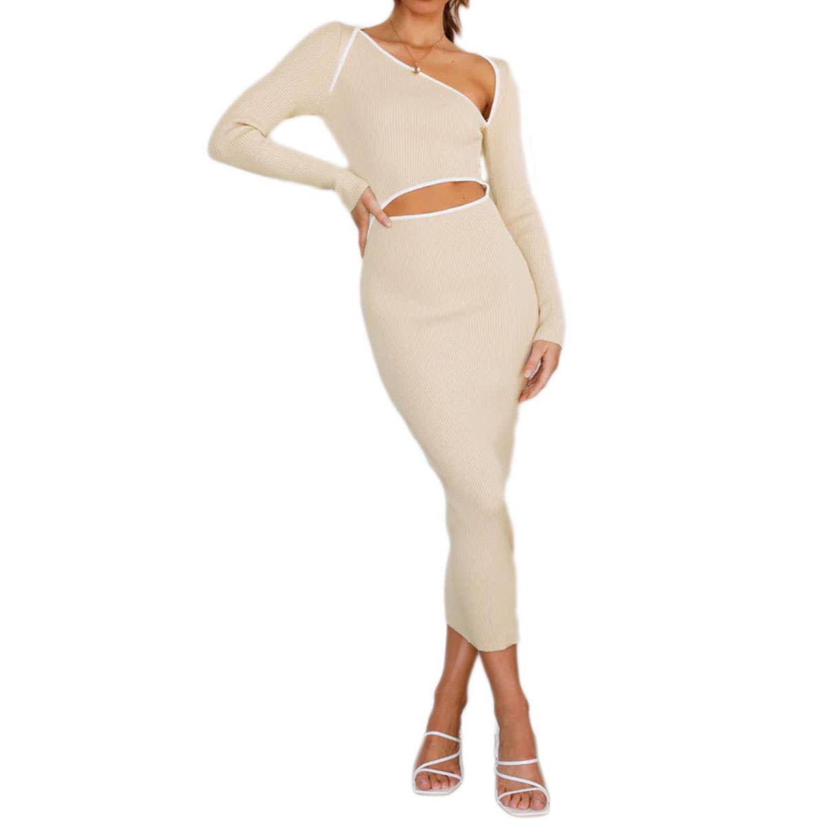 DIAGONAL NECKLINE MIDRIFF STYLE WRAP HIP DRESS
