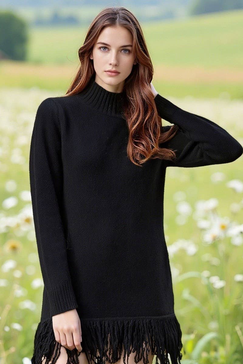 CWDSD10562_TURTLENECK TASSEL FASHION SWEATER DRESS