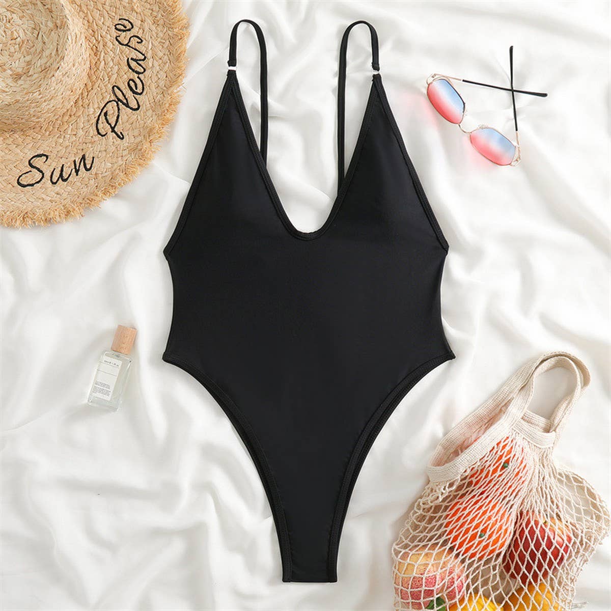 SEXY DEEP V SPAGHETTI-SHOULDER ONE-PIECE SWIMSUIT