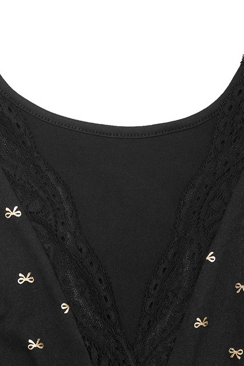 CWDMD6285_VINTAGE LACE V-NECK BOW PRINT LONG SLEEVE DRESS