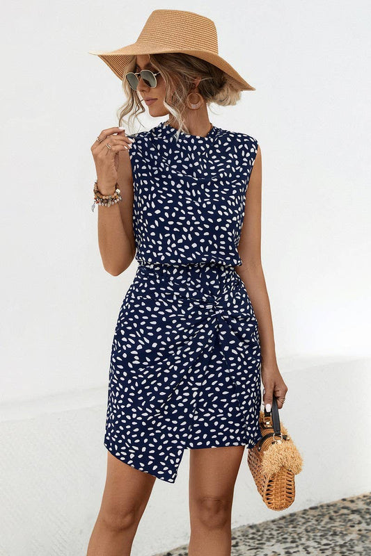 CWDSD7112_SUMMER POLKA DOT PILE NECK SLEEVELESS DRESS