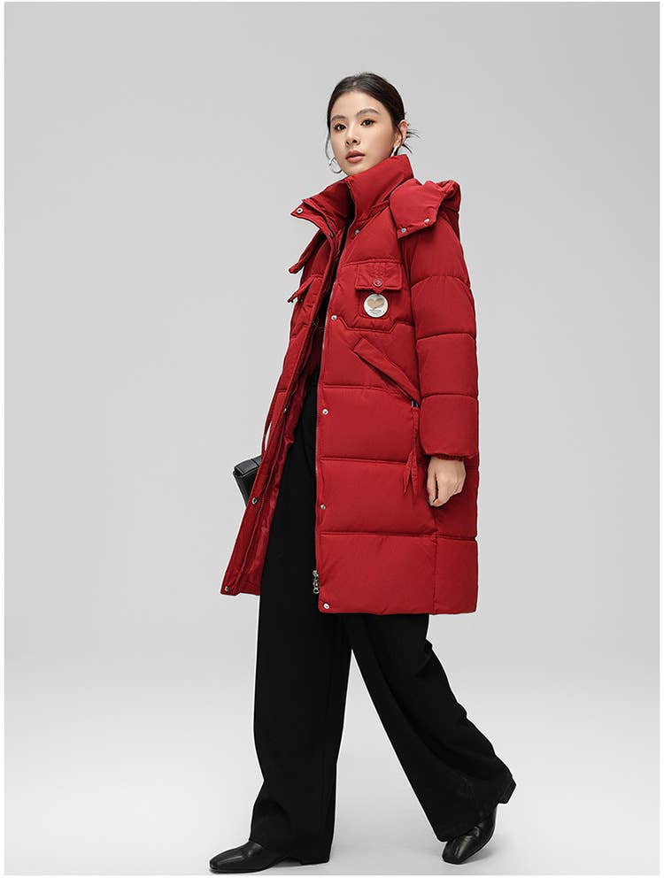 Fashionable knee-length thickened hooded jacket