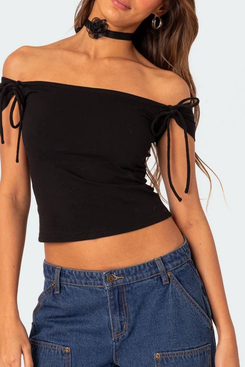 CWTBLSL0931_OFF SHOULDER SLEEVELESS TIE FRONT SEXY TOP