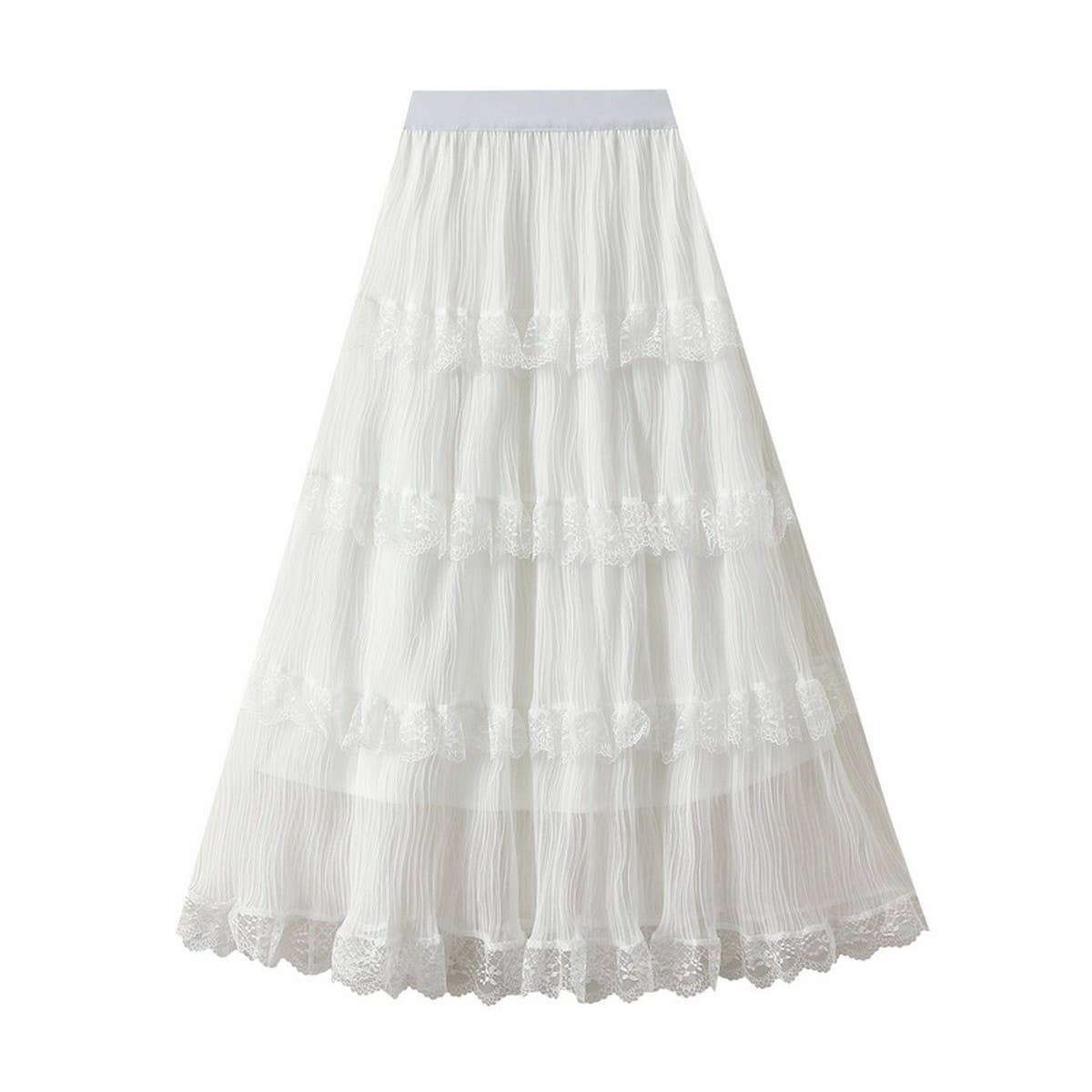 WAVE PLEATED MESH SPLICING LACE SKIRT CAKE SKIRT