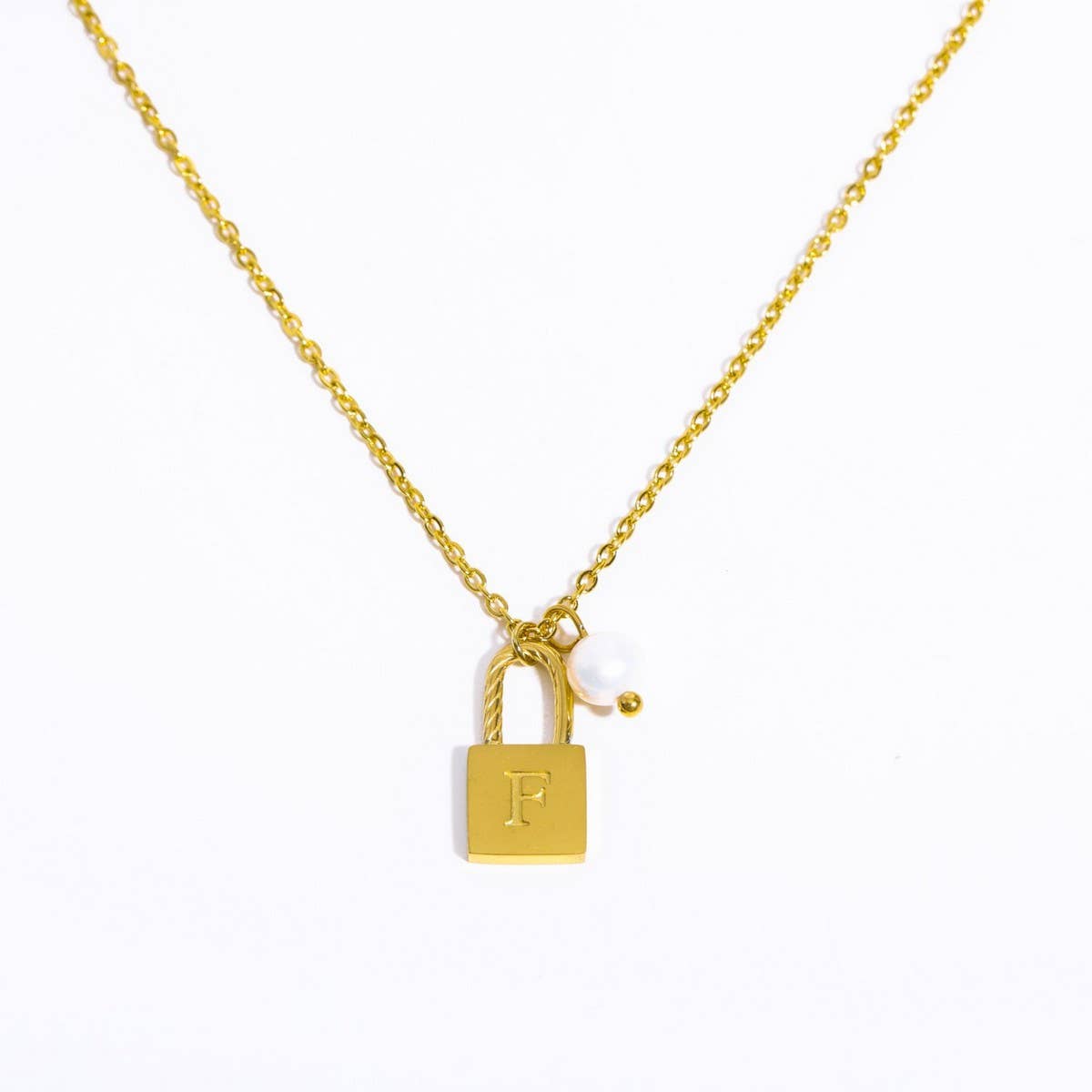 Stainless Steel Letter Pearl Lock Pendant Necklace_CWMM5298