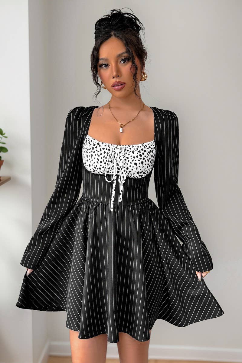 CWDSD8745_COLORBLOCK STRIPE PATCHWORK LONG SLEEVE DRESS