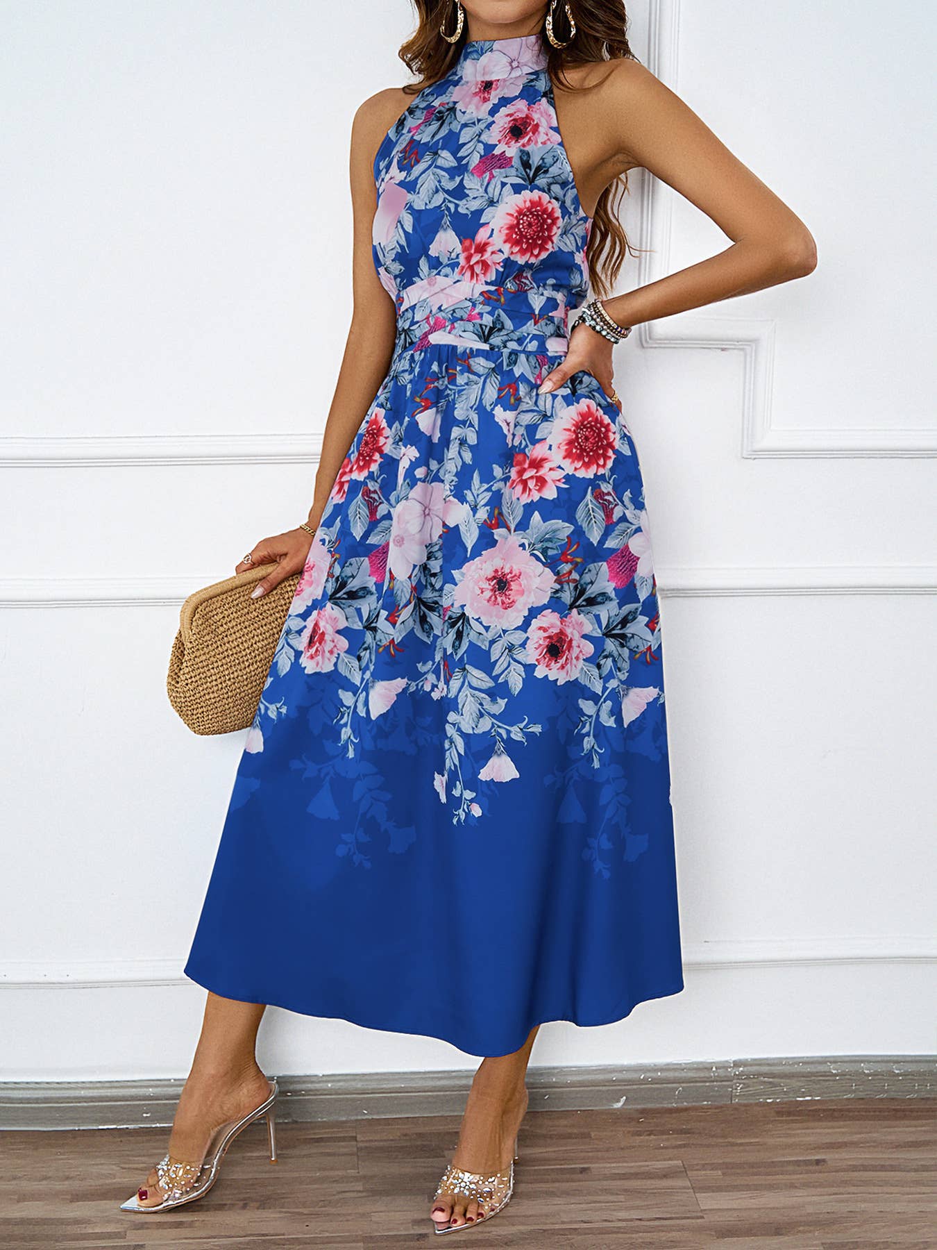 FASHION HALTER PRINT WAIST SLIMMING DRESS
