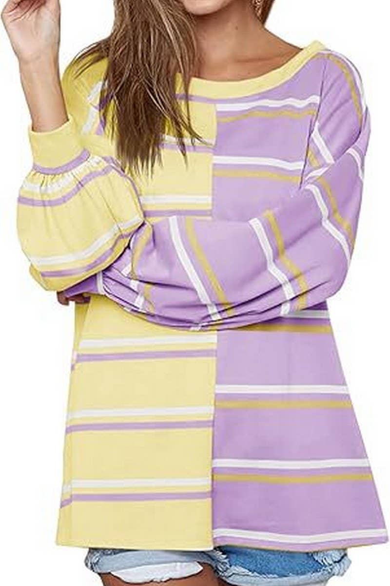 CWTBLL3903_LOOSE CASUAL STRIPED KNIT LONG SLEEVE SWEATSHIRT
