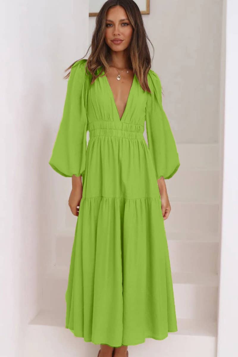 CWDMD4036_AUTUMN V-NECK LONG SLEEVE WAIST DRESS LONG STYLE