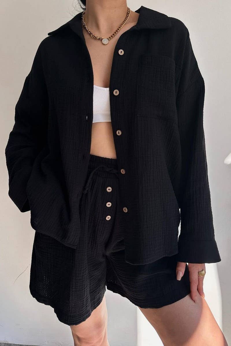 CWSTB1358_LAPEL SHIRT DRAWSTRING SHORTS TWO-PIECE SET