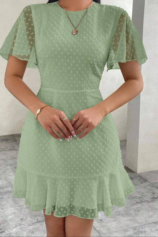 CWDSD8788_SUMMER V-NECK POLKA DOT LACE-UP DRESS