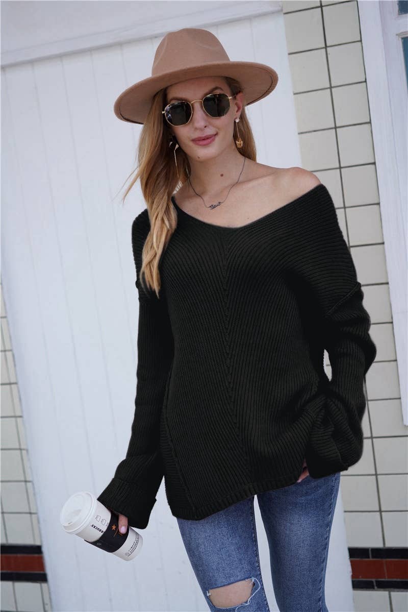 CWOSWL1406_V-Neck Long Sleeve Pullover Sweater