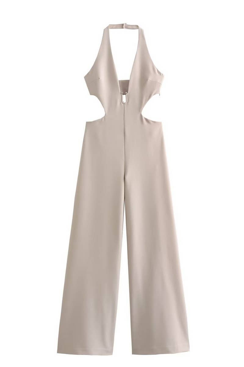 CWSJS1262_SOLID COLOR HALTER NECK BACKLESS LONG JUMPSUIT