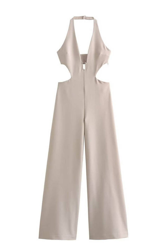 CWSJS1262_SOLID COLOR HALTER NECK BACKLESS LONG JUMPSUIT