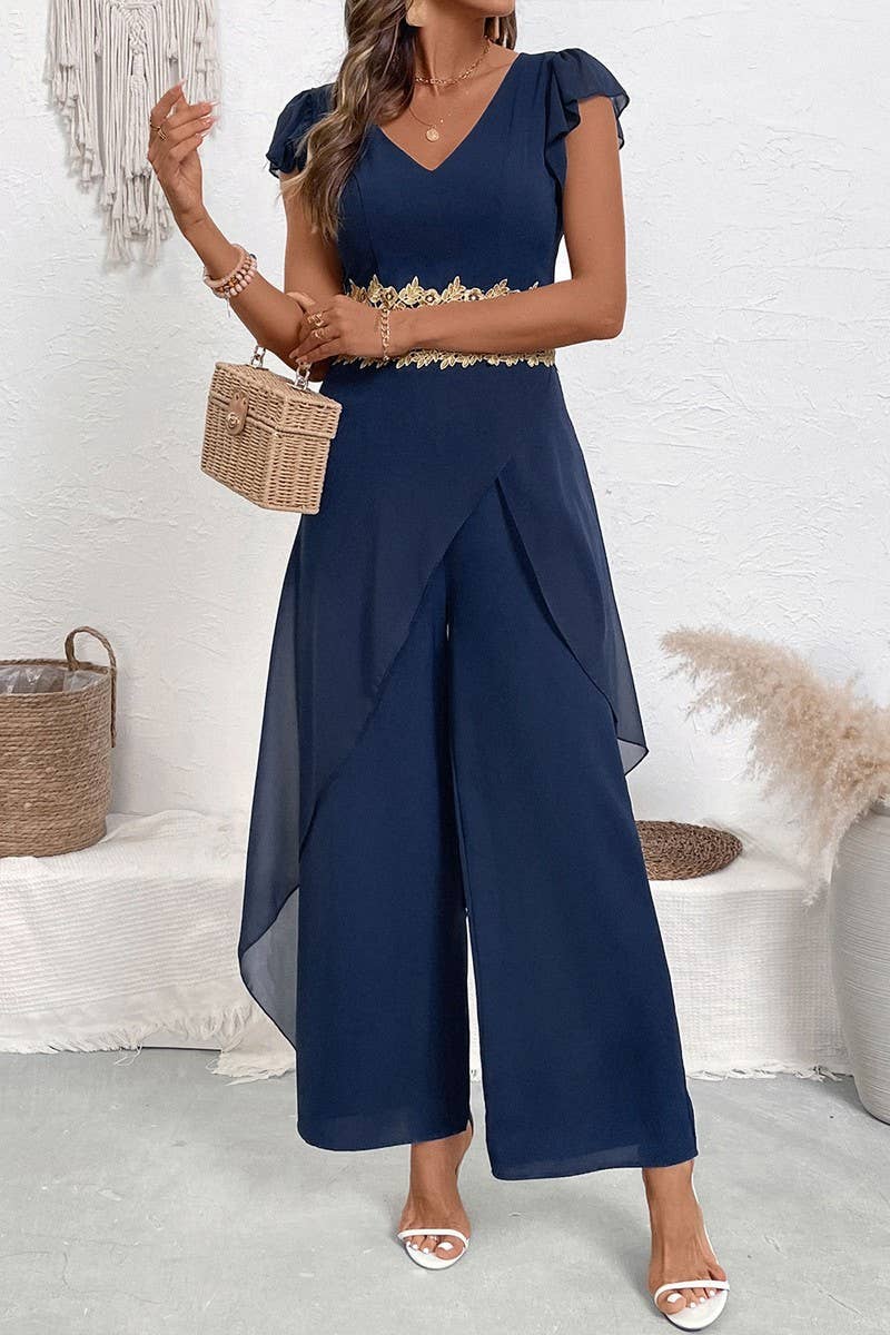 CWSJS1760_SOLID LACE TRIM V-NECK SHORT SLEEVE JUMPSUIT