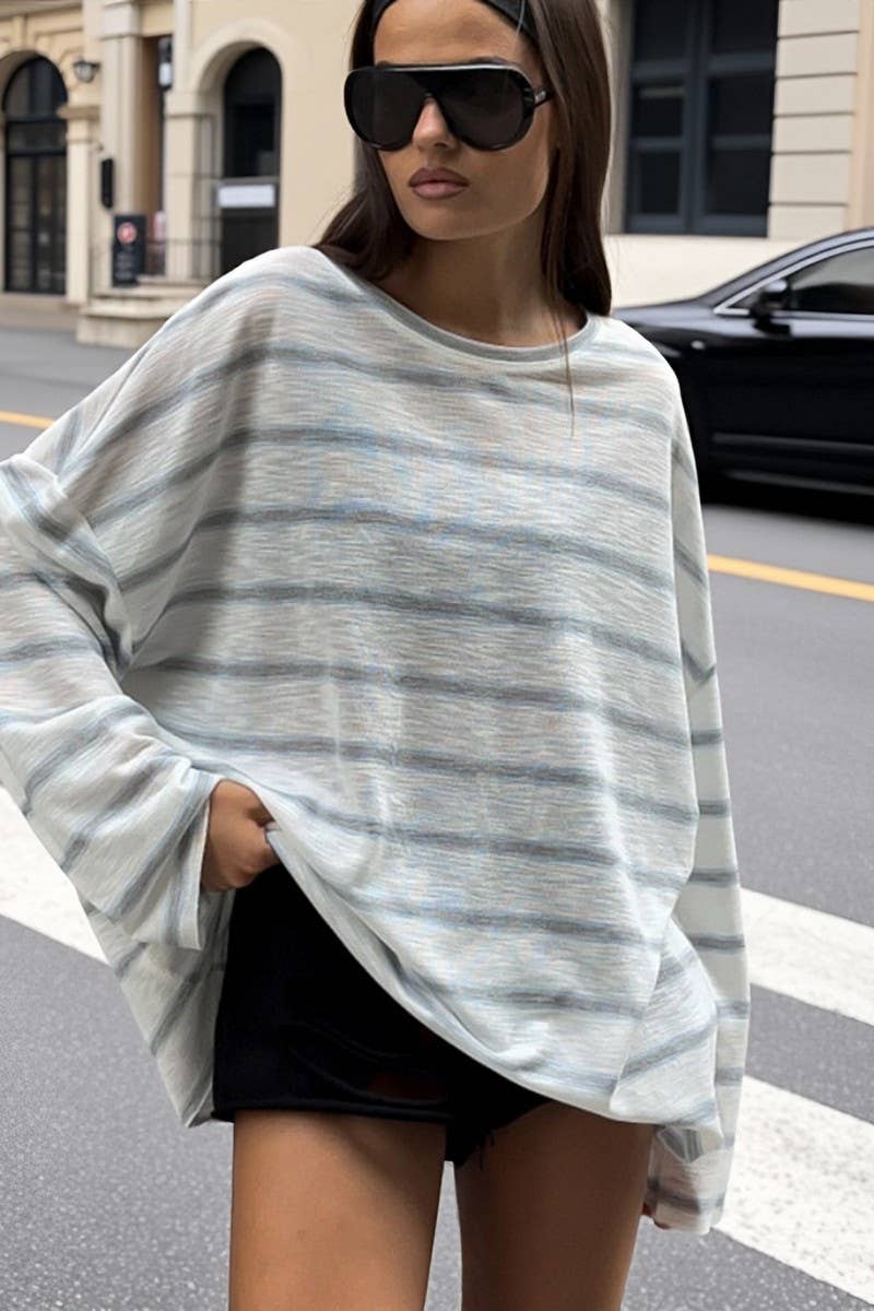 CWTBLL00601_LOOSE CREW NECK STRIPED SEMI-SHEER T-SHIRT