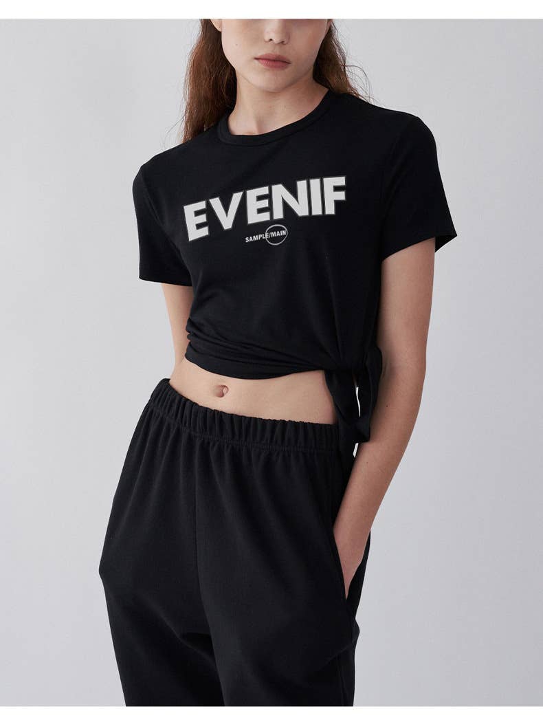 Design sense slit print short-sleeved T-shirt