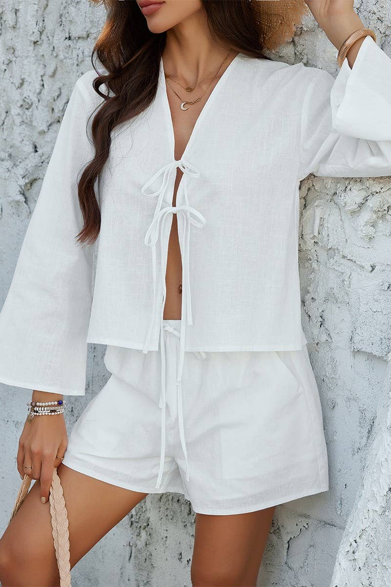 CWSTB1576_SOLID COLOR CARDIGAN LONG-SLEEVED TOP SHORTS SET