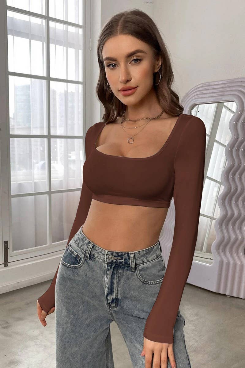 CWTBLL2719_SHORT HIGH-ELASTIC LONG-SLEEVED T-SHIRT TOP