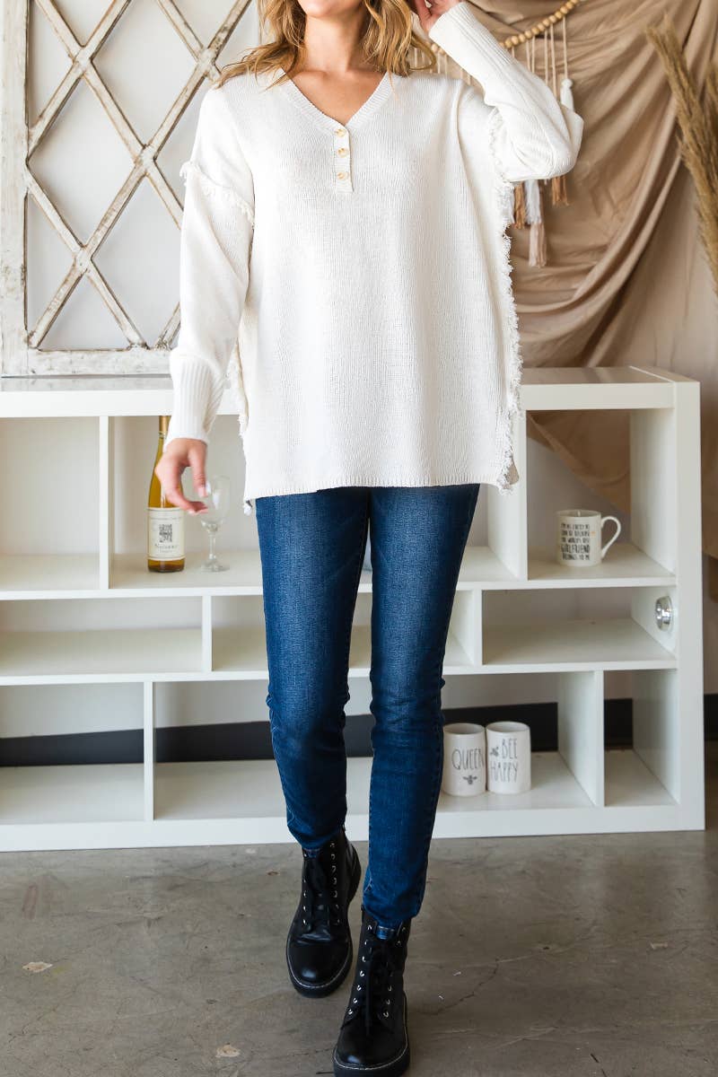 CWOSWL646-P_BUTTON DOWN FRINGE SHOULDER SWEATER KNIT TOP
