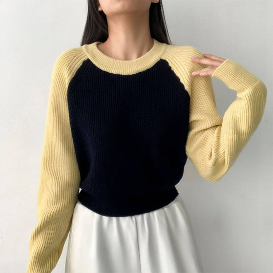 COLOR CONTRAST SLEEVED CREW NECK PULLOVER SWEATER