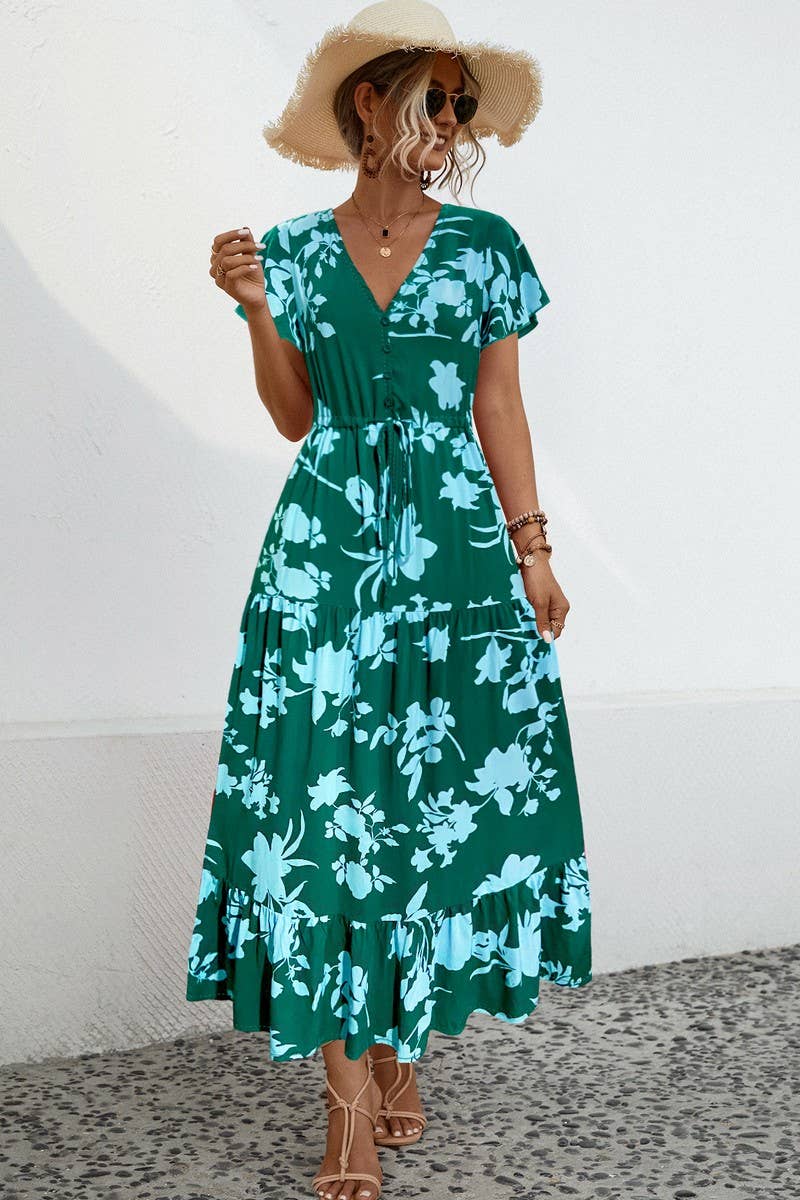CWDMD2767_V-NECK FLORAL PRINT BUTTON-DOWN LONG DRESS