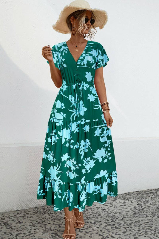 CWDMD2767_V-NECK FLORAL PRINT BUTTON-DOWN LONG DRESS