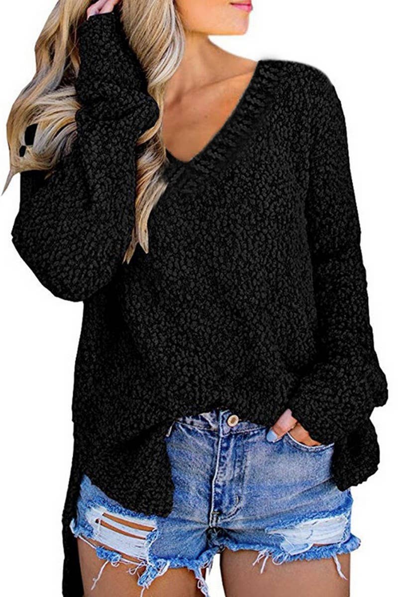 CWOSWL6820_GRAIN FLEECE V-NECK SPLIT PULLOVER SWEATER