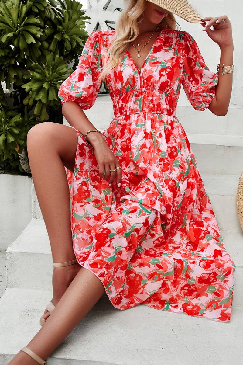 CWDMD0995_Deep V-Neck Short Sleeve Floral Print Midi Dresses