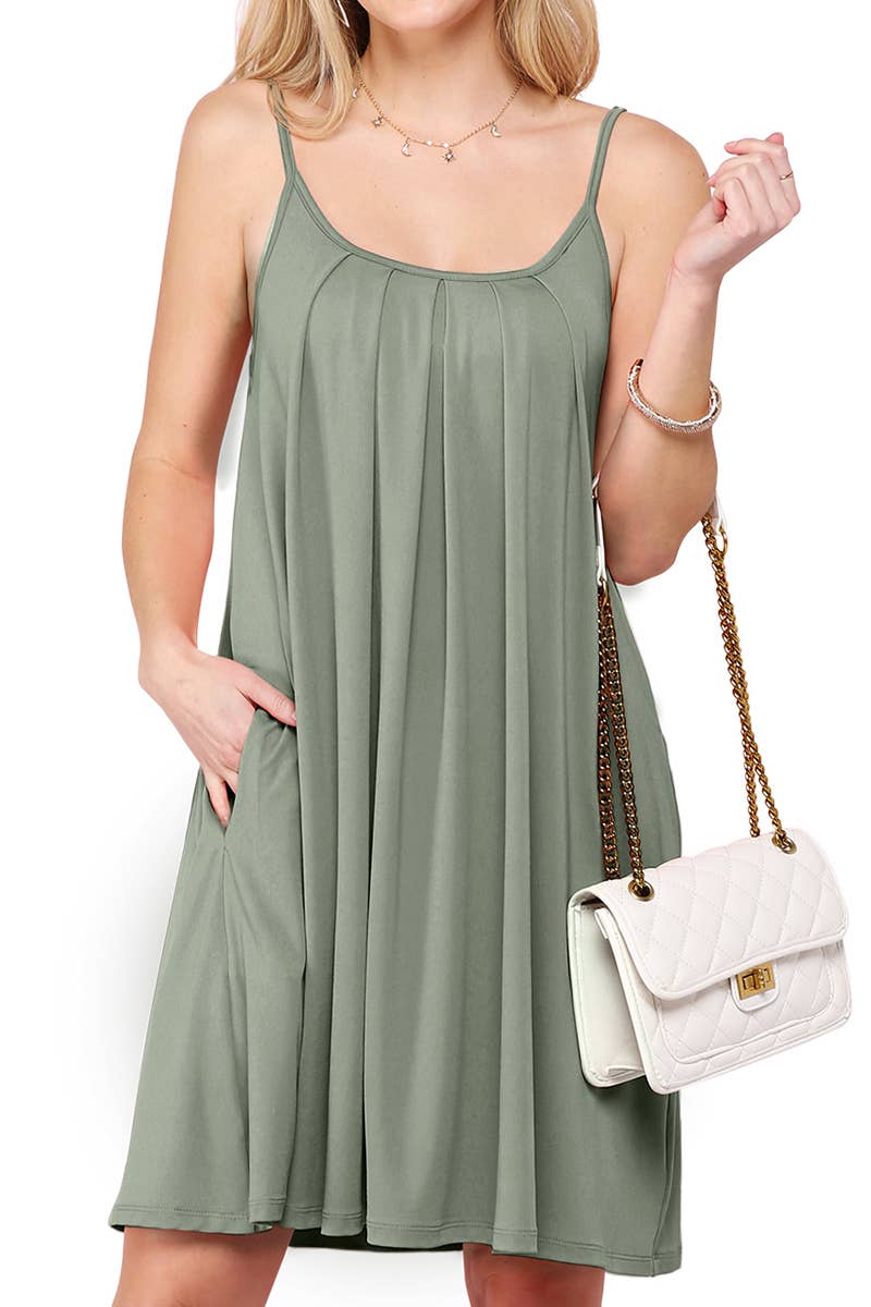 CWDSD10371-P_PLEATS DETAILED DRESS WITH POCKET AND STRAP