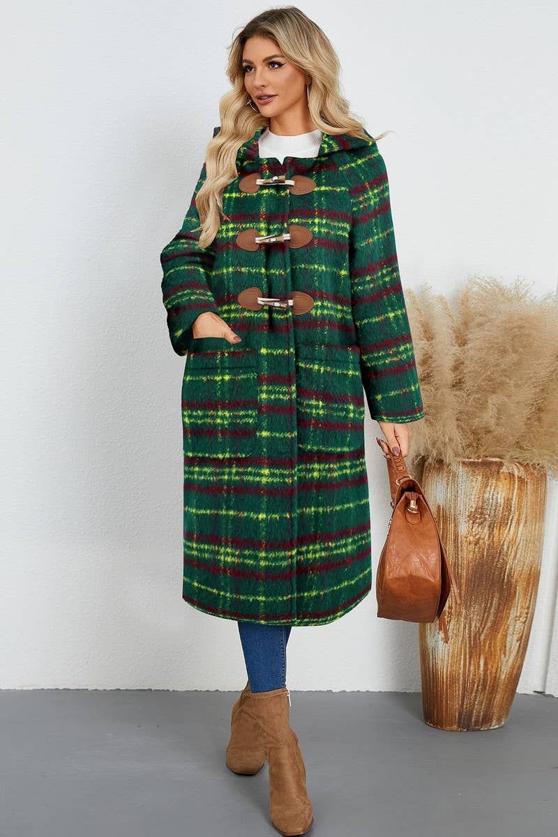 CWOCO0940_HORN BUTTON PLAID HOODED WOOLEN LONG COAT