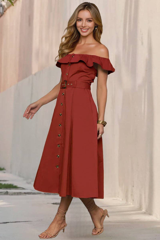 CWDMD6200_VINTAGE OFF SHOULDER RUFFLE BELTED A-LINE DRESS