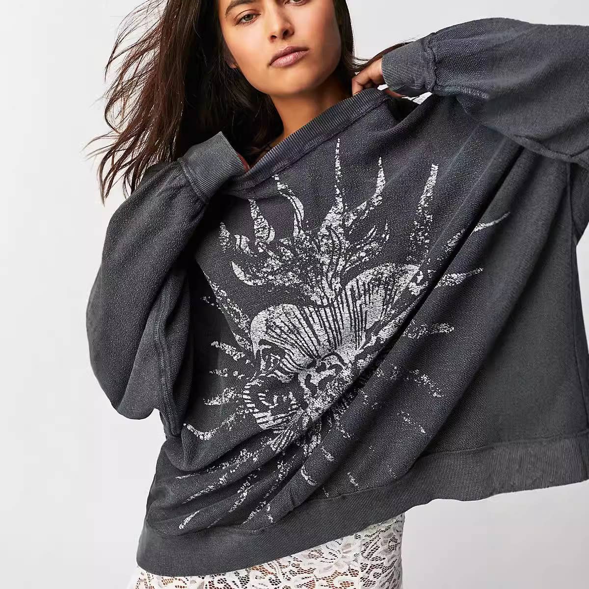 American retro printed loose round-neck hoodie