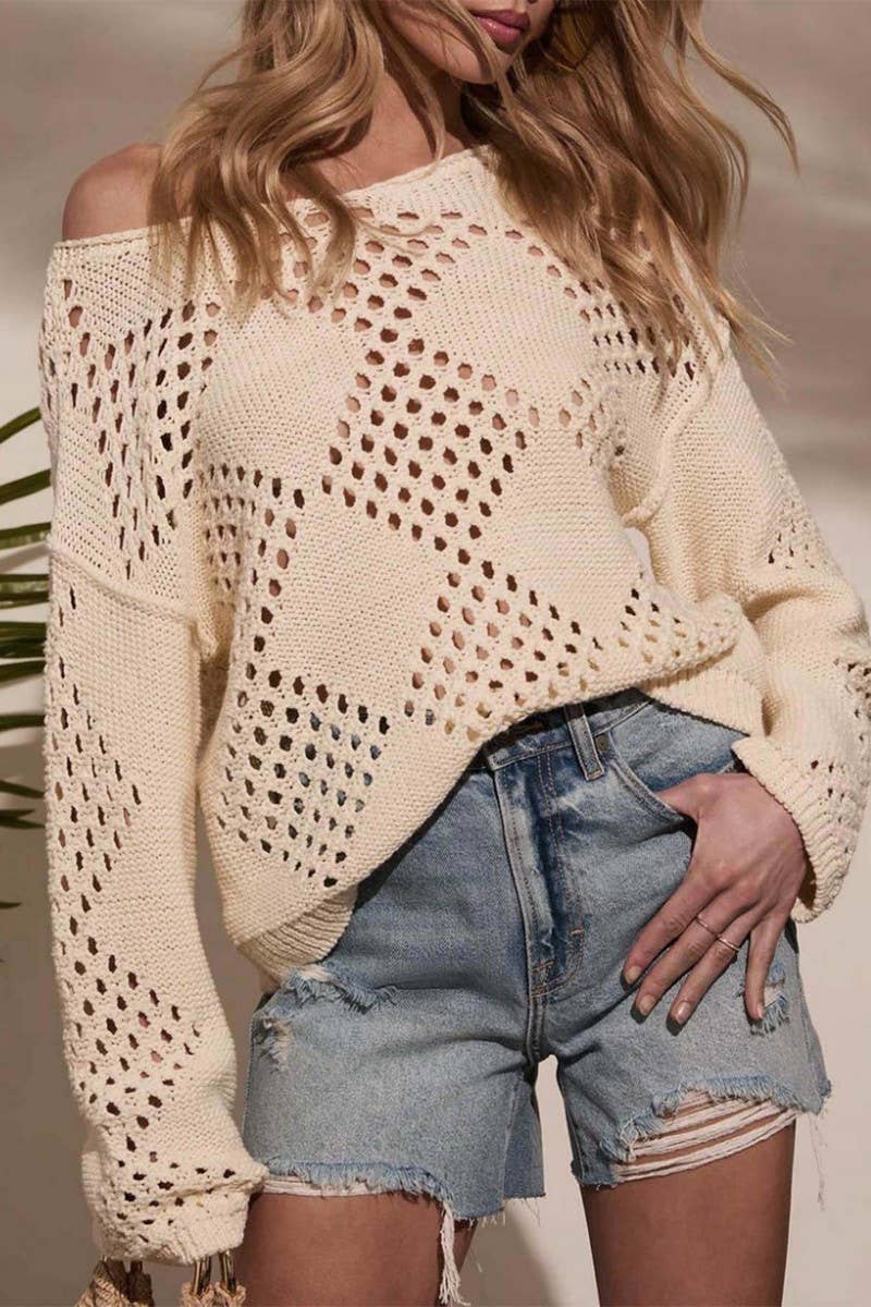 CWOSWL6870_CHIC OFF SHOULDER HOLLOW OUT KNIT SWEATER