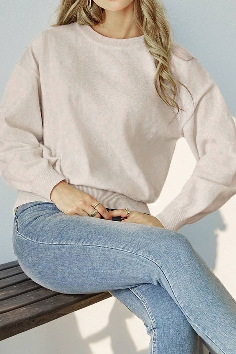 CWOSWL3740_ROUND NECK LONGSLEEVE SOLID COLOR KNITTED SWEATER