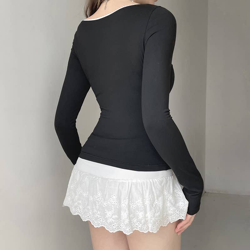 Crew-neck lace patchwork long-sleeved T-shirt