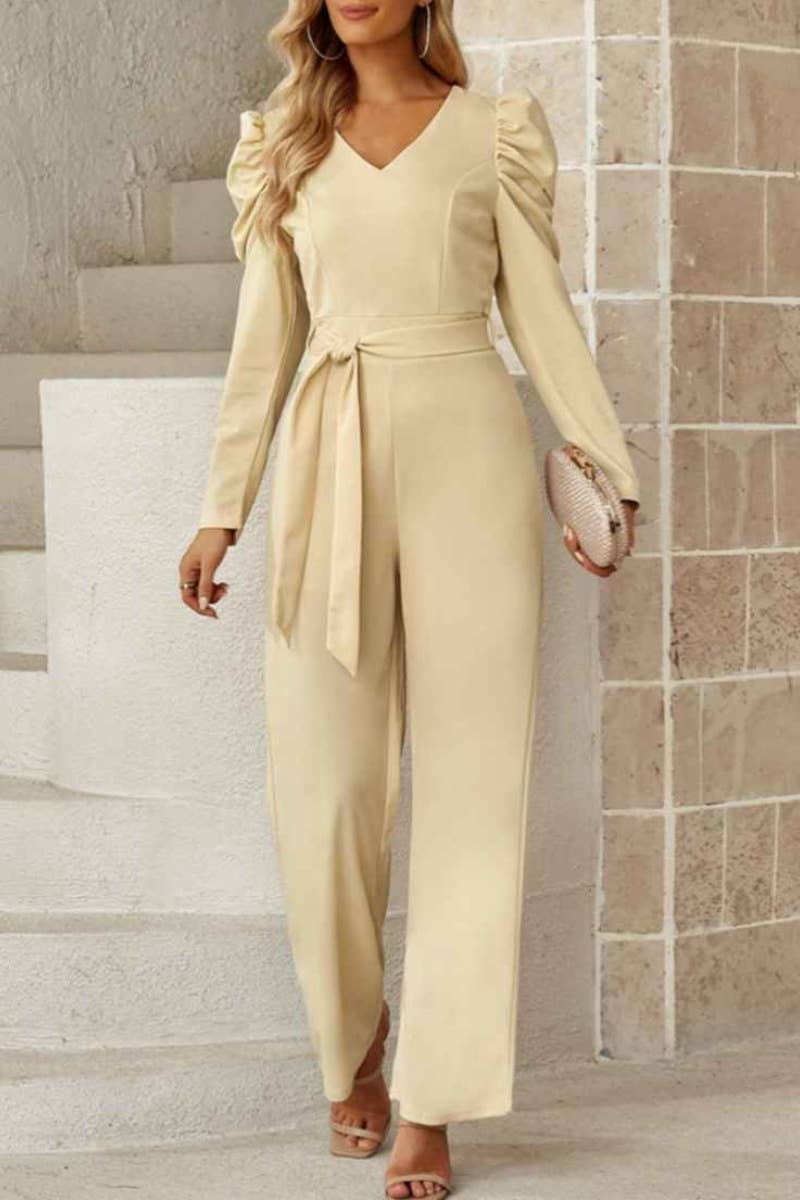 CWSJS1098_V-NECK LONG SLEEVED WAIST ONE-PIECE PANTS