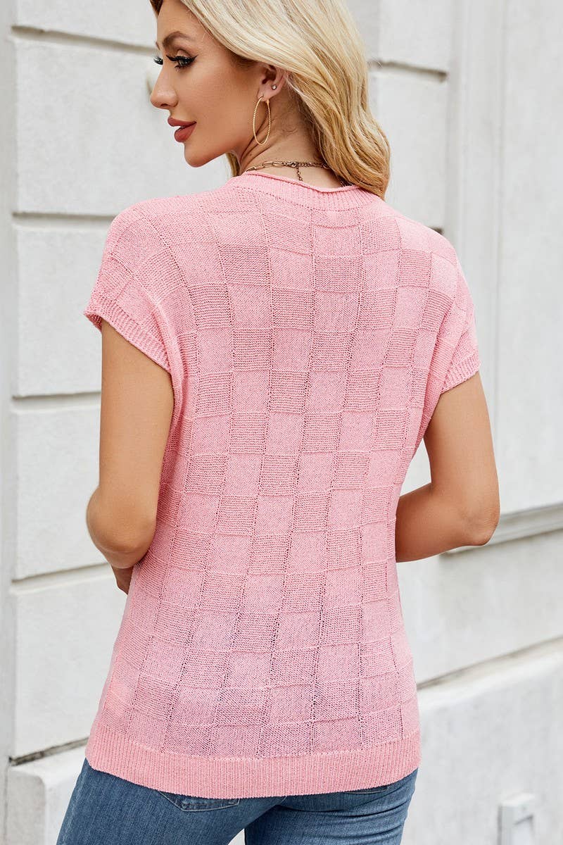CWTBLS02497_SMALL CHECK CASUAL SHORT SLEEVE KNIT TOP