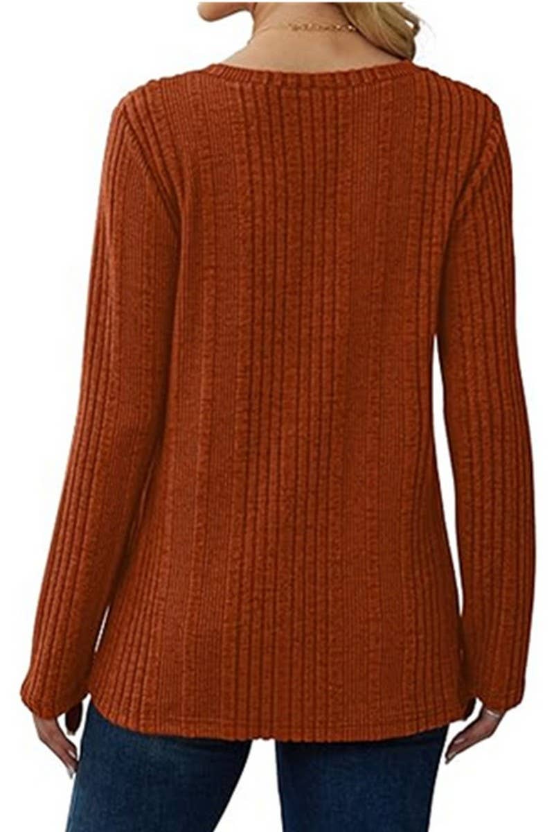 CWOSWL6559_V-NECK SOLID COLOR LONG-SLEEVED KNITTED SWEATER