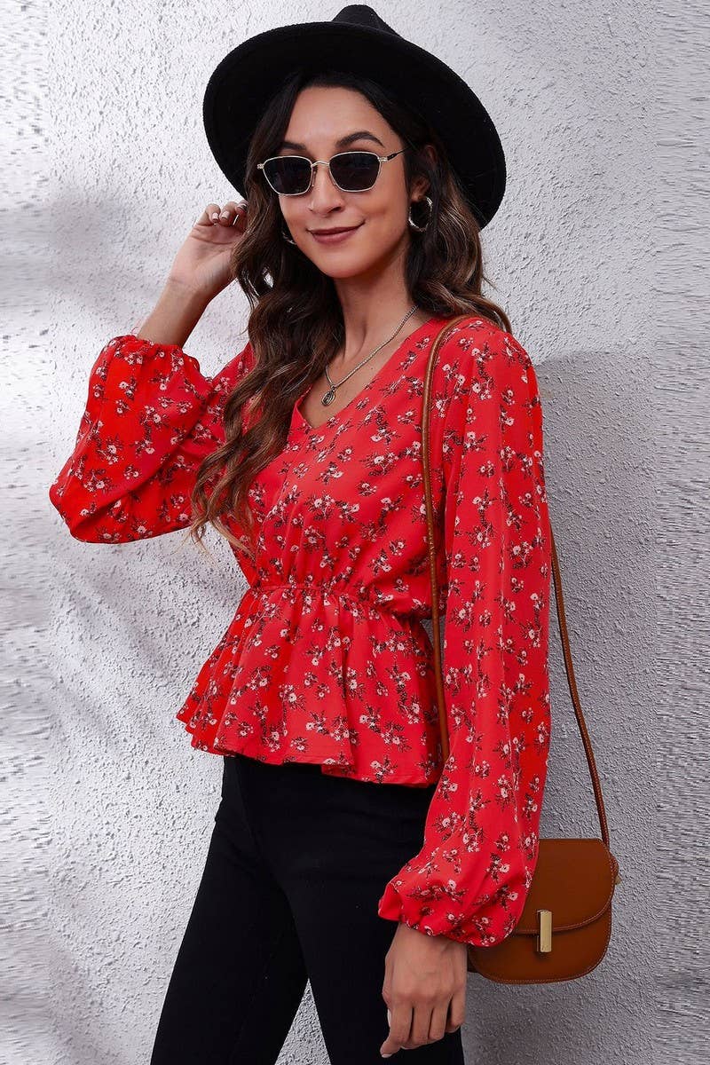 CWTBLL0707_V-Neck Long Sleeve Print Blouse
